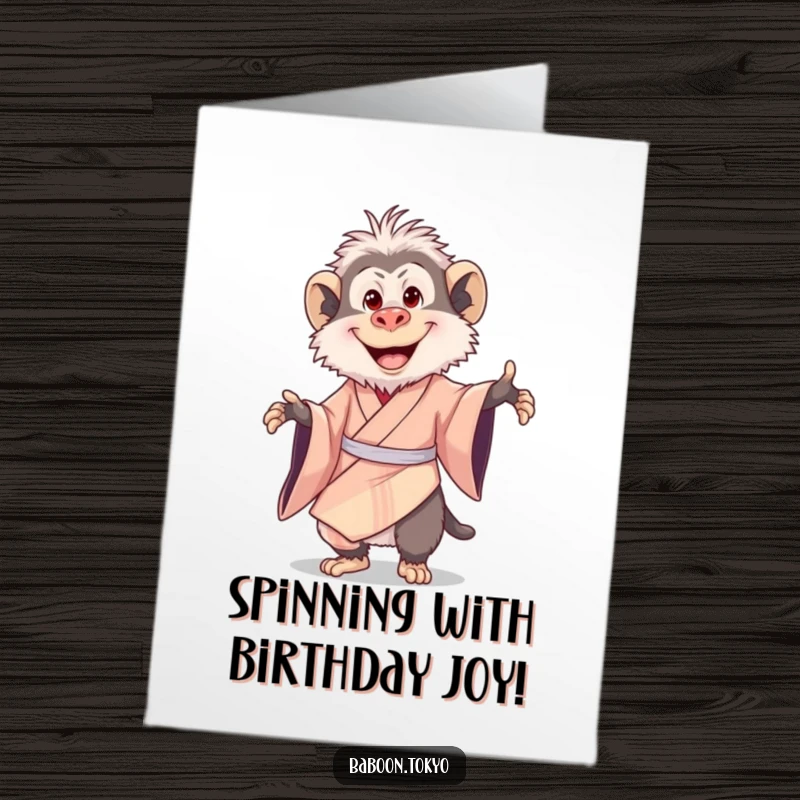 Funny Free Printable Birthday Card: A delighted baboon in a silk kimono happily twirling with a huge smile.