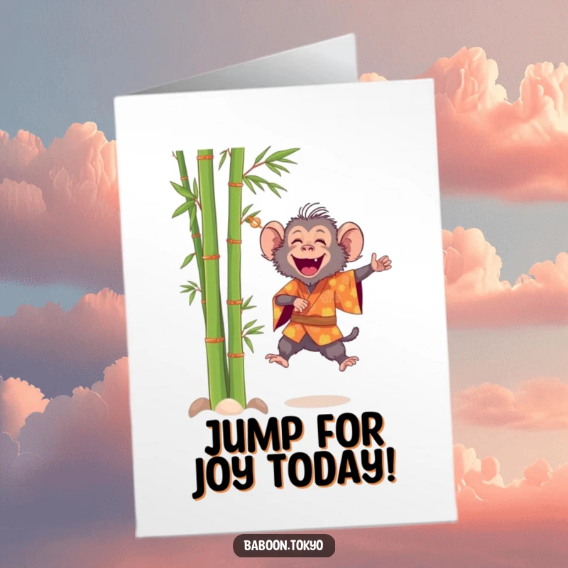 Funny Free Printable Birthday Card: A cheerful baboon in a bright kimono leaps joyfully near bamboo stalks, radiating happiness.
