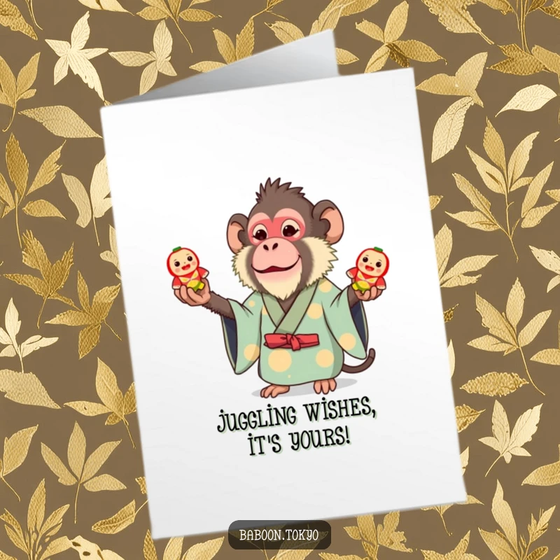 Funny Free Printable Birthday Card: A whimsical baboon in a bright kimono juggles three small, colourful toy Daruma dolls.