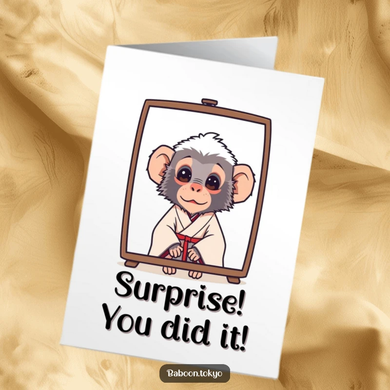 Funny Free Printable Congrats Card: A curious baboon in a simple kimono peeks mischievously from behind a screen.