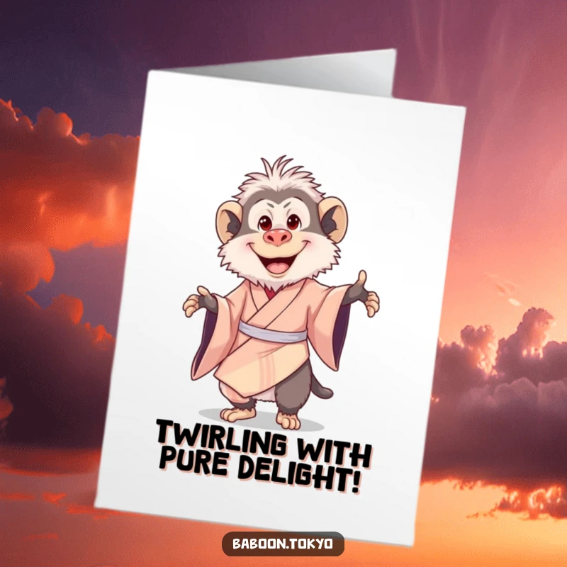 Funny Free Printable Congrats Card: A happy baboon in a silk kimono is joyfully twirling with a big, infectious smile.