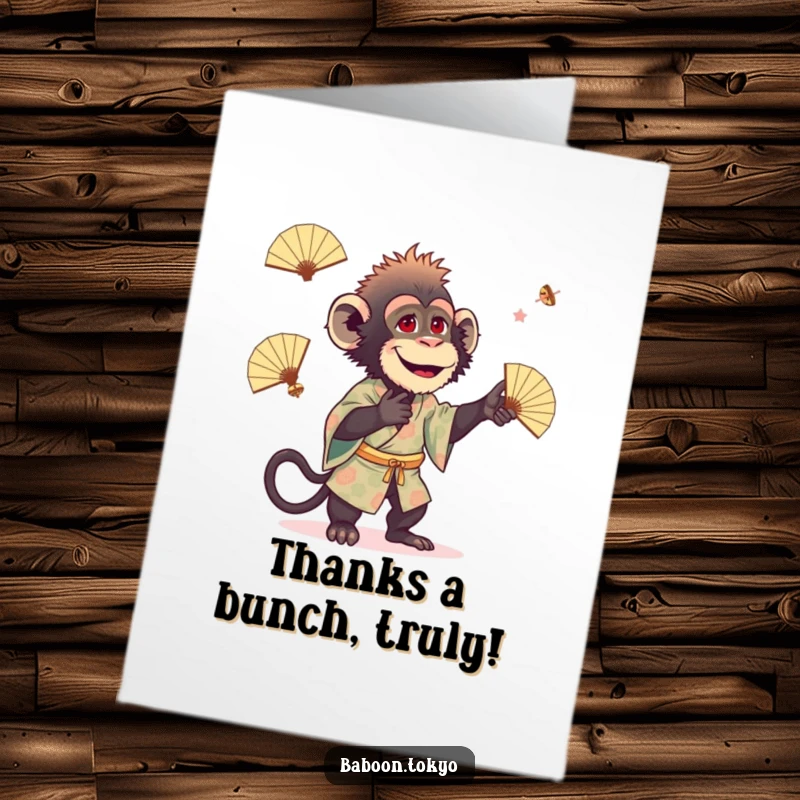 Funny Free Printable Thank You Card: A baboon in a kimono juggles miniature fans, showing thanks with a spirited performance.