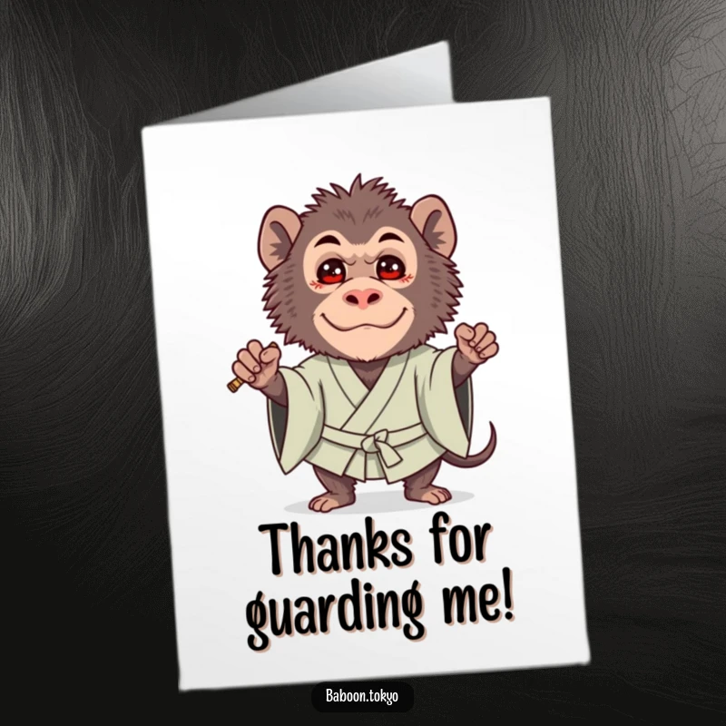 Funny Free Printable Thank You Card: A brave baboon in a bold kimono guard pose, but with the cutest expression.