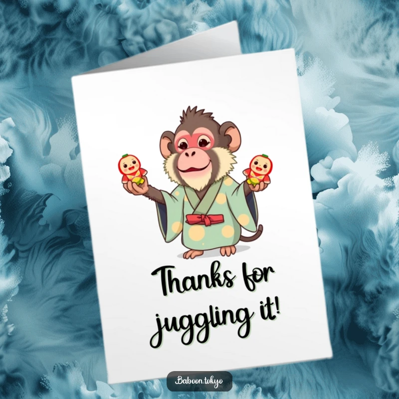 Funny Free Printable Thank You Card: A whimsical baboon in a bright kimono is comically juggling three small toy Daruma dolls.