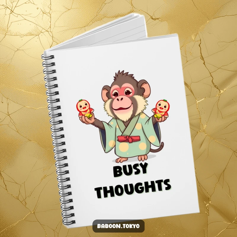 Funny notebook: a whimsical baboon in a bright kimono juggling three small toy Daruma dolls, designed for jotting down playful notes.