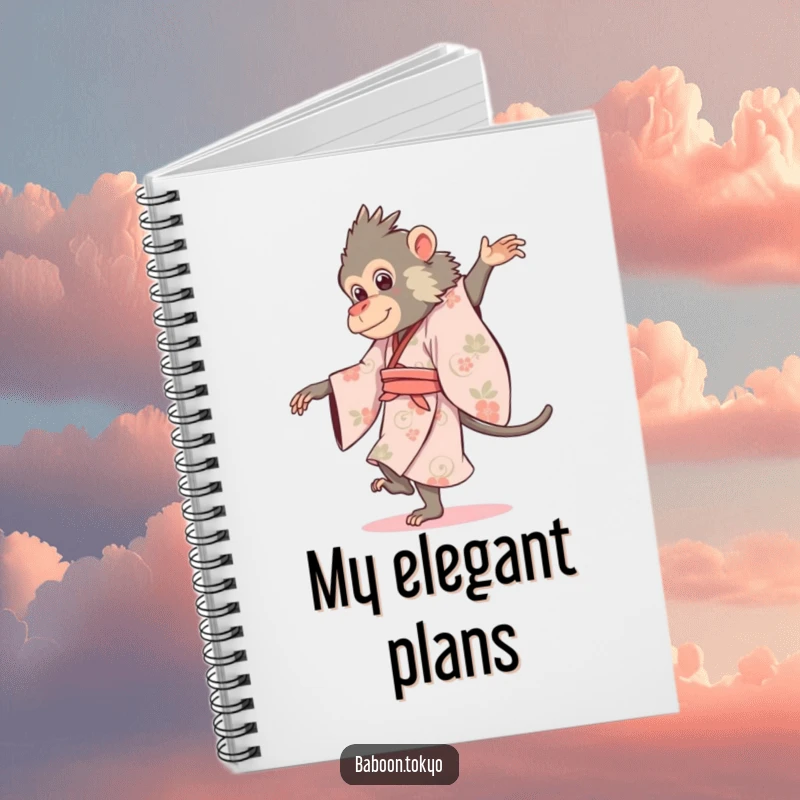 Funny baboon in a flowing kimono, gracefully pirouetting, on a notebook cover, perfect for a funny gift.