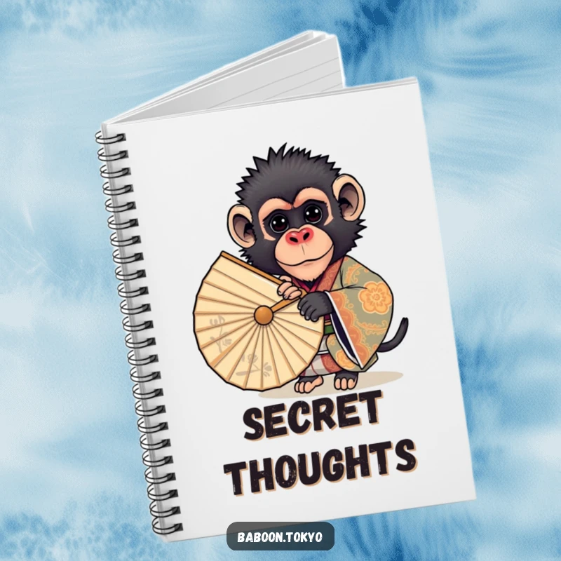 Funny notebook: a curious baboon in an ornate kimono peeking from behind a fan, designed for jotting down funny notes and ideas.
