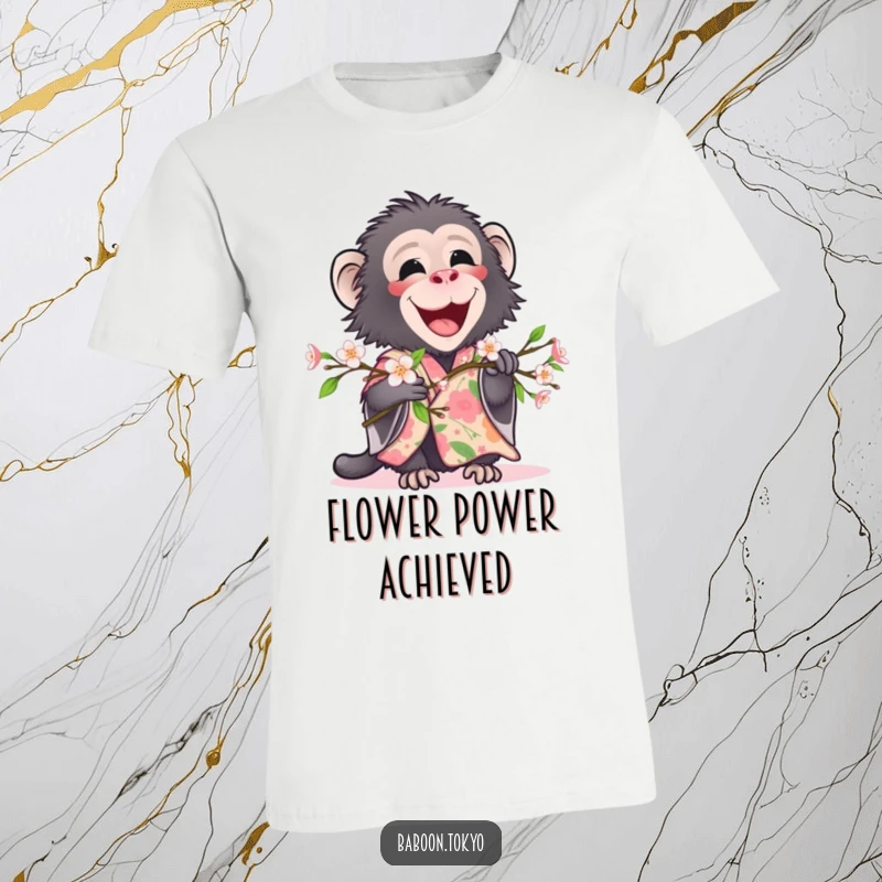 Funny, delighted baboon in a floral kimono holding a blooming branch, on a soft t-shirt, ideal for a humorous present.