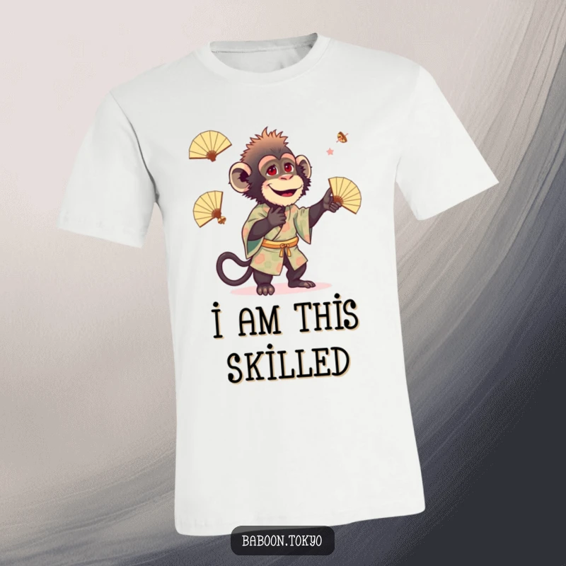 Funny, playful baboon in a patterned kimono juggling small fans on a soft t-shirt, ideal for a humorous present.