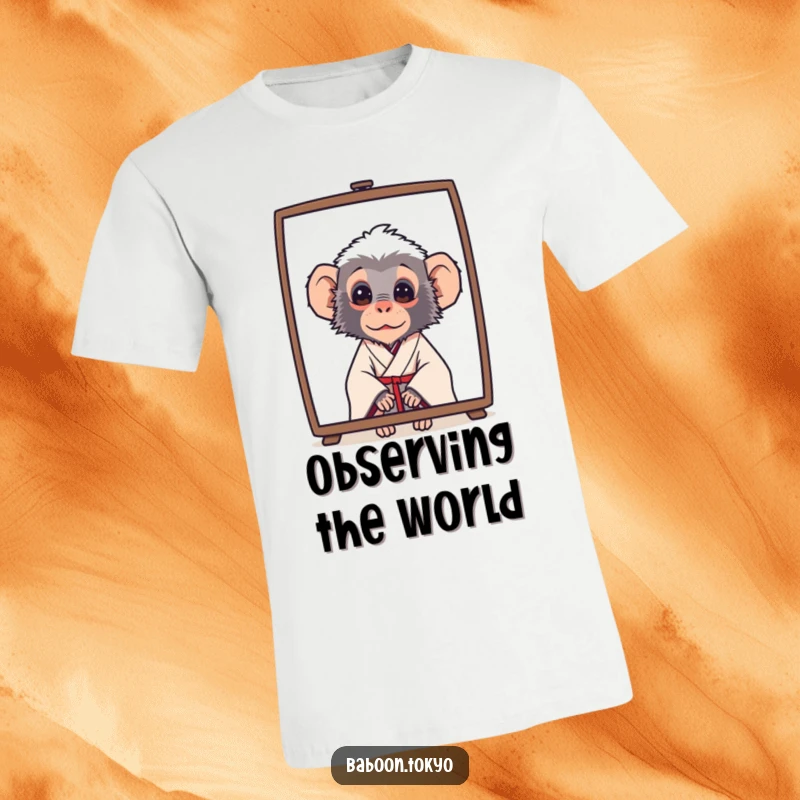 Funny baboon in a simple kimono, curiously peeking from behind a screen, on a soft t-shirt, ideal for a humorous present.