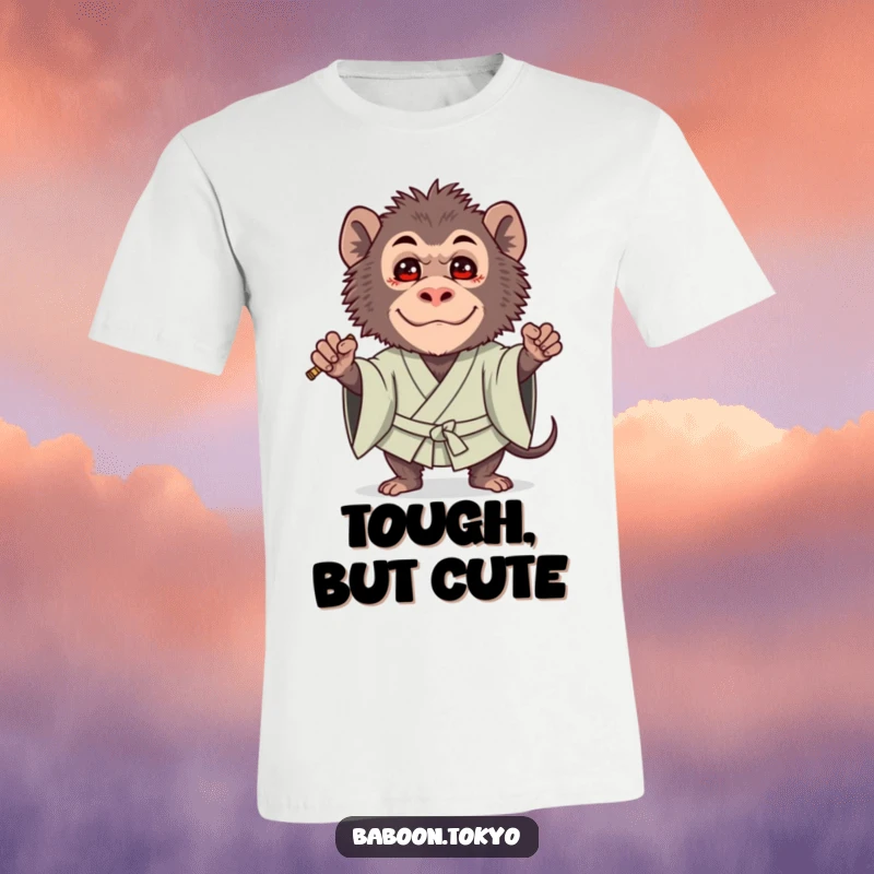 Funny t-shirt: a brave baboon in a bold kimono poses in a guard stance, featuring a surprisingly cute and endearing facial expression.