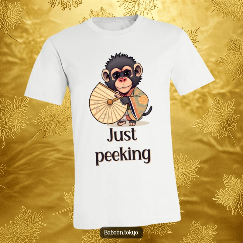 Funny t-shirt: a curious baboon artistically rendered in an ornate kimono, peeking playfully from behind a large, decorative fan.