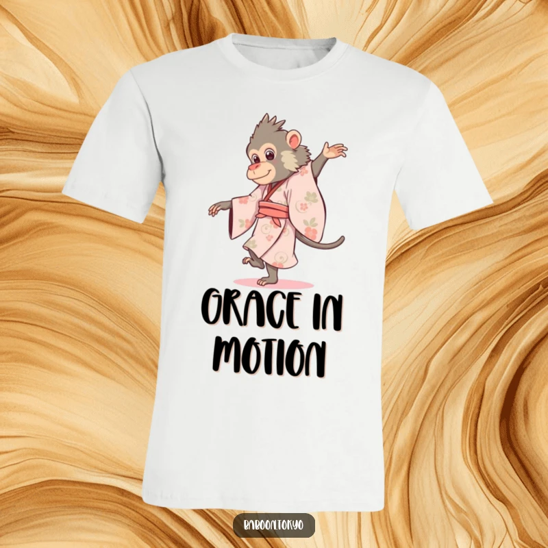 Funny baboon in a flowing kimono, gracefully pirouetting, on a soft t-shirt, ideal for a humorous present.