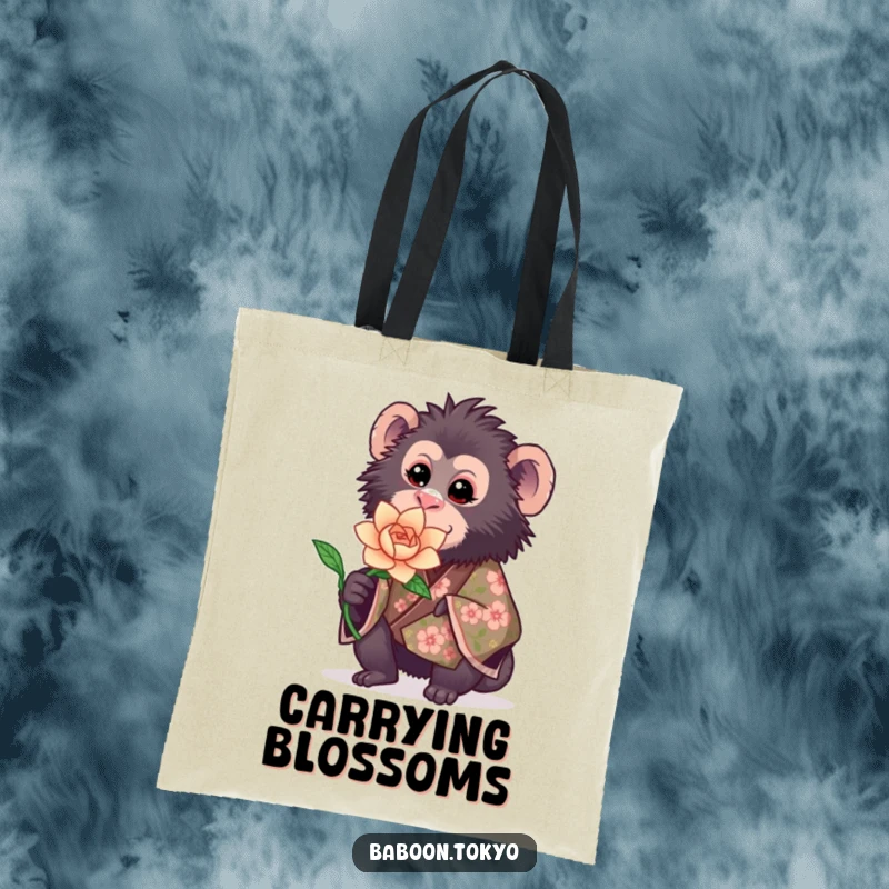 Funny tote bag: a sweet baboon in a floral kimono offering a blooming paper flower, perfect for carrying joyful essentials.