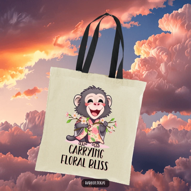 Funny, delighted baboon in a floral kimono holding a blooming branch, on a durable tote bag, perfect for a funny gift.