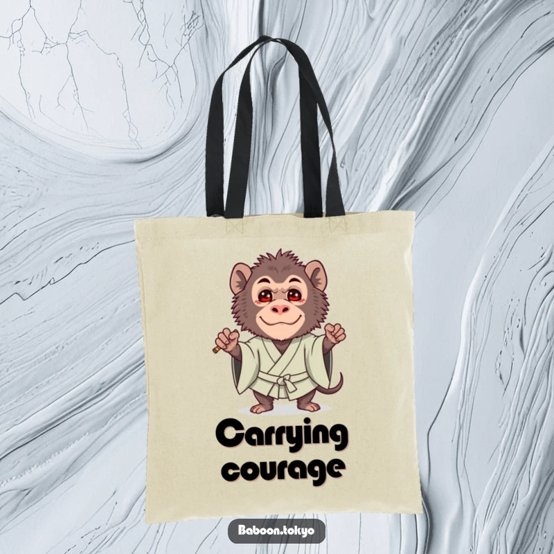 Funny tote bag: a brave baboon in a bold kimono guard stance, sporting a cute expression, ready to protect your belongings.