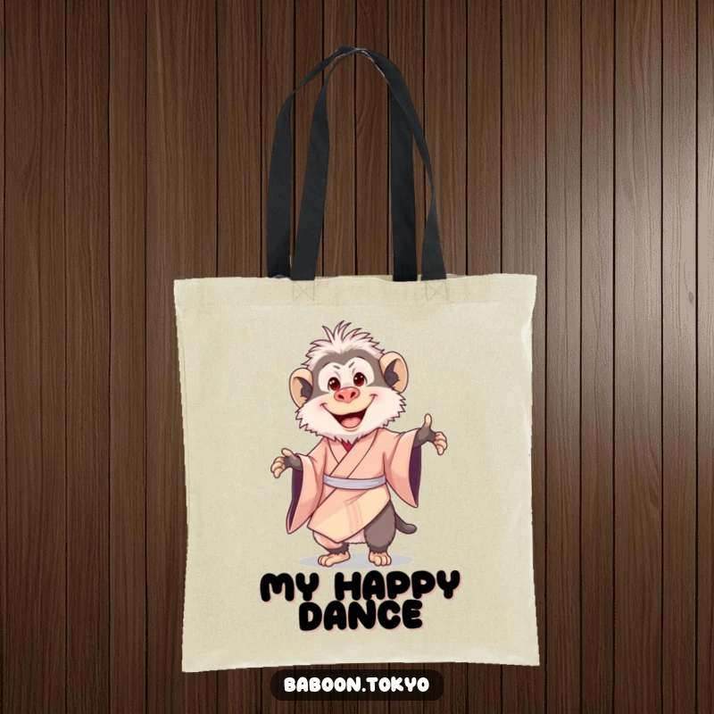Funny tote bag: a delighted baboon in a silk kimono, joyfully twirling with a big smile, perfect for carrying happy vibes.