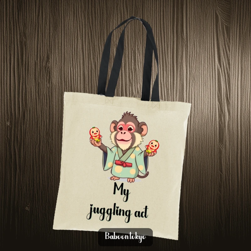 Funny tote bag: a whimsical baboon in a bright kimono juggling three small toy Daruma dolls, perfect for carrying organized chaos.