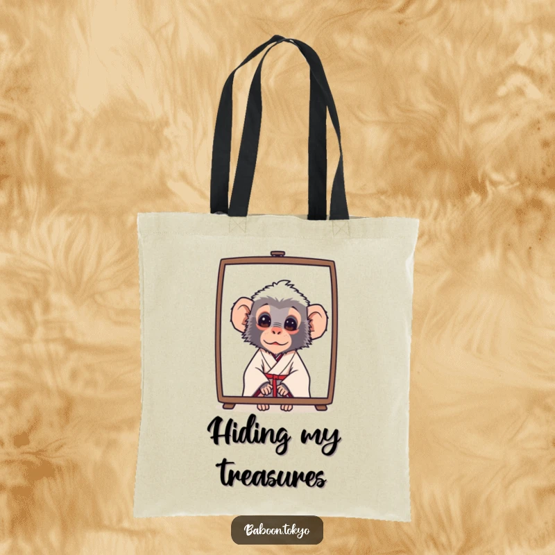 Funny baboon in a simple kimono, curiously peeking from behind a screen, on a durable tote bag, perfect for a funny gift.